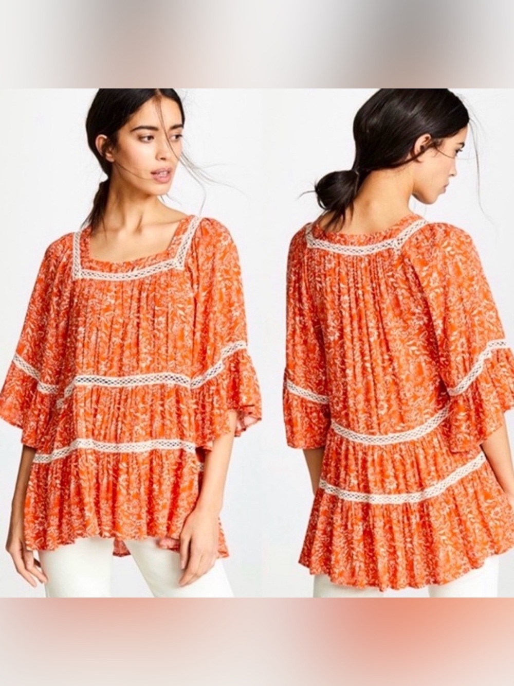 Free People Talk About It Tunic Orange Floral Crochet Boho Peasant Top Size M